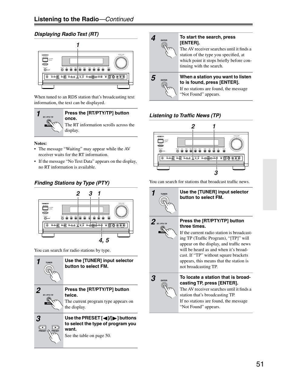 Listening to the radio —continued, Displaying radio text (rt), Finding stations by type (pty) | Listening to trafﬁc news (tp), You can search for radio stations by type, Use the [tuner] input selector button to select fm | Onkyo TX-SR703/703E User Manual | Page 51 / 116