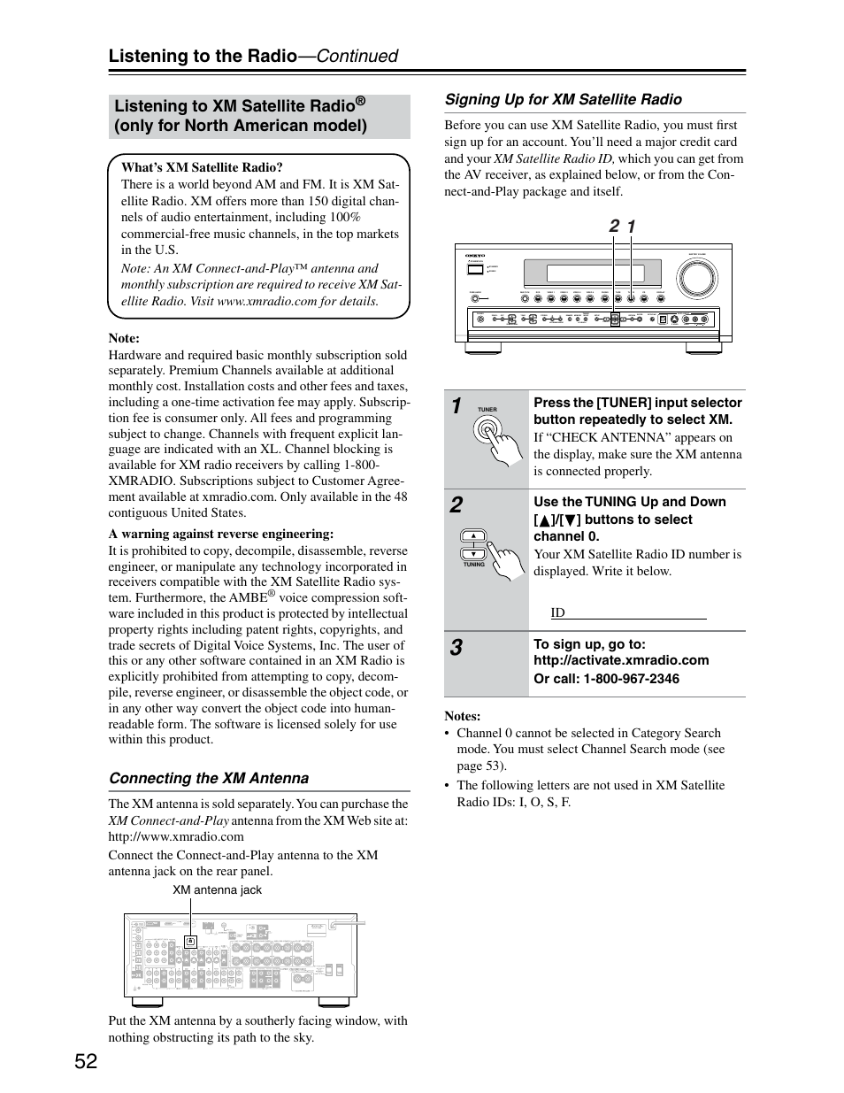 Listening to the radio —continued, Listening to xm satellite radio, Only for north american model) | Connecting the xm antenna, Signing up for xm satellite radio | Onkyo TX-SR703/703E User Manual | Page 52 / 116