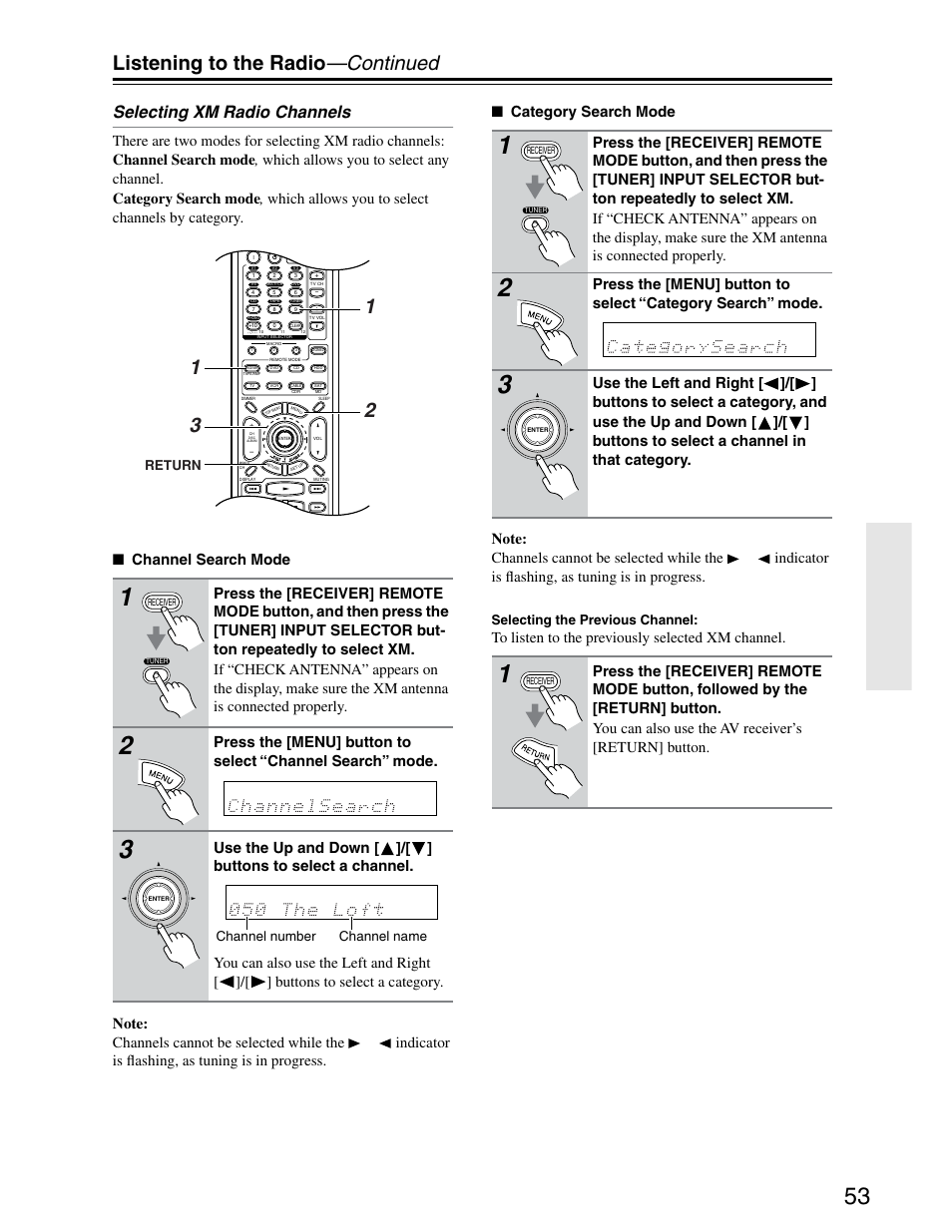 Listening to the radio —continued, Selecting xm radio channels, Selecting the previous channel | Return, Channel name channel number | Onkyo TX-SR703/703E User Manual | Page 53 / 116