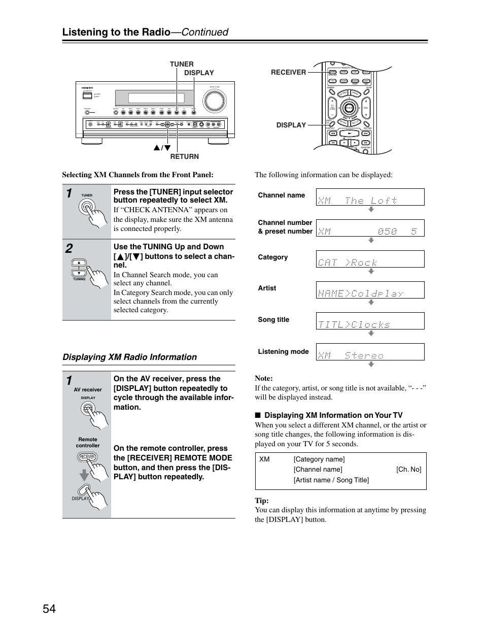 Listening to the radio —continued, Displaying xm radio information, Selecting xm channels from the front panel | Display receiver, Return tuner display | Onkyo TX-SR703/703E User Manual | Page 54 / 116