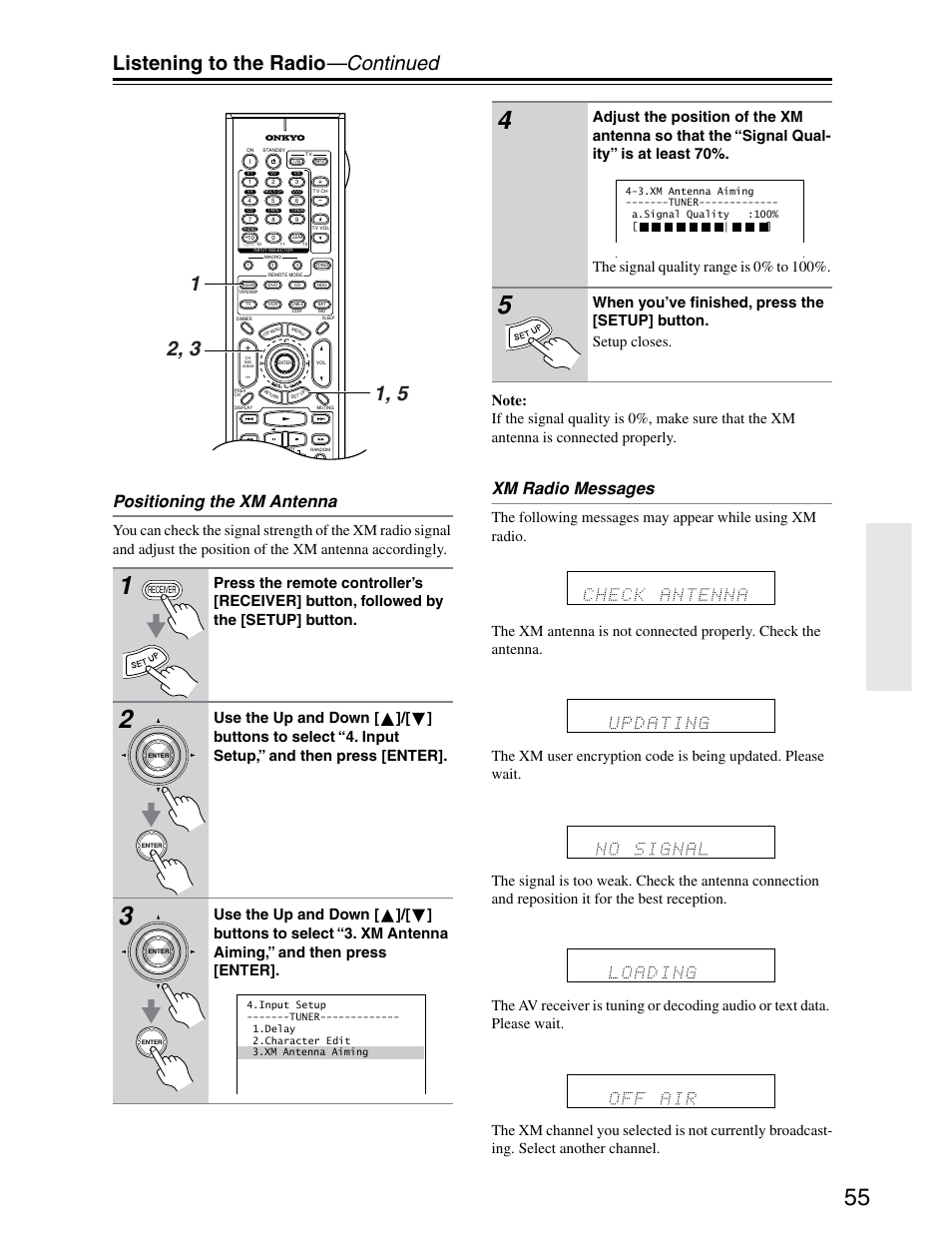 Listening to the radio —continued, Positioning the xm antenna, Xm radio messages | Onkyo TX-SR703/703E User Manual | Page 55 / 116