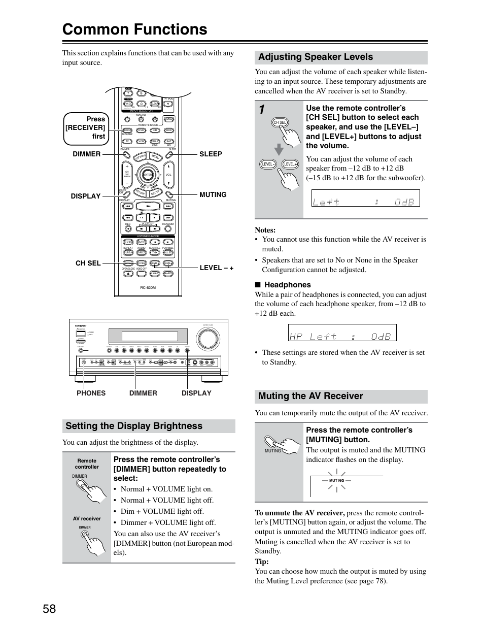 Display brightness, Speaker levels, Muting | Common functions, Setting the display brightness, Adjusting speaker levels, Muting the av receiver, Muting ch sel level – + sleep dimmer display, Phones dimmer display press [receiver] ﬁrst | Onkyo TX-SR703/703E User Manual | Page 58 / 116