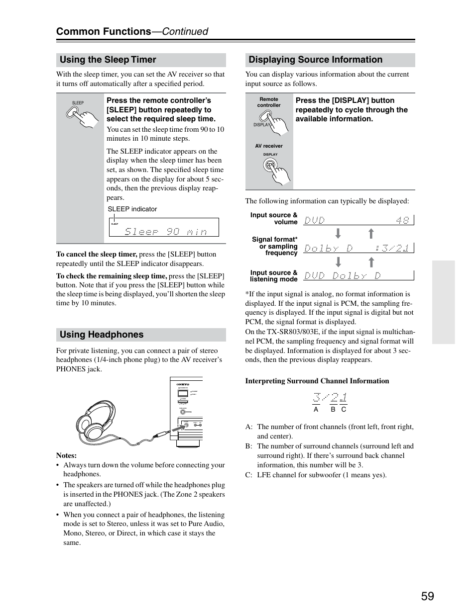 Sleep timer, Using headphones, Displaying source information | Common functions —continued, Using the sleep timer | Onkyo TX-SR703/703E User Manual | Page 59 / 116