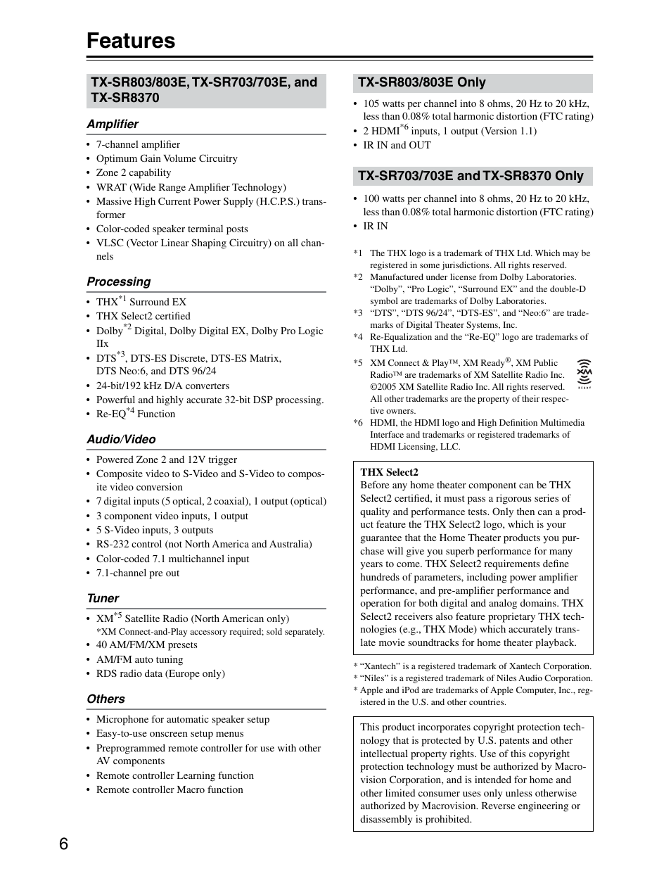 Differences between models, Features | Onkyo TX-SR703/703E User Manual | Page 6 / 116