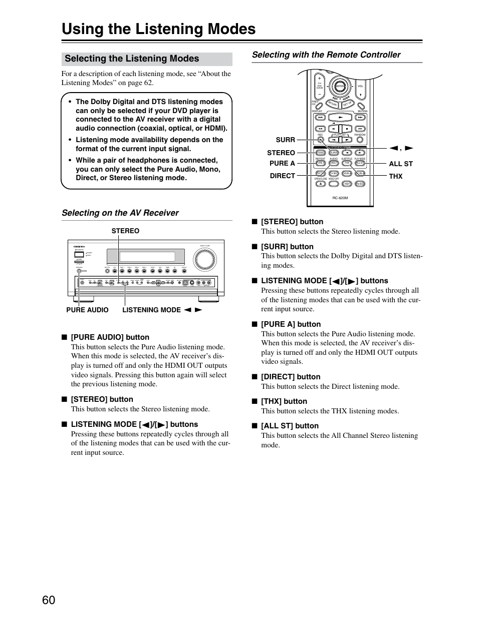 Listening modes, Selecting the listening modes, Using the listening modes | Selecting on the av receiver, Selecting with the remote controller, Pure audio stereo listening mode, Stereo pure a direct thx all st surr | Onkyo TX-SR703/703E User Manual | Page 60 / 116