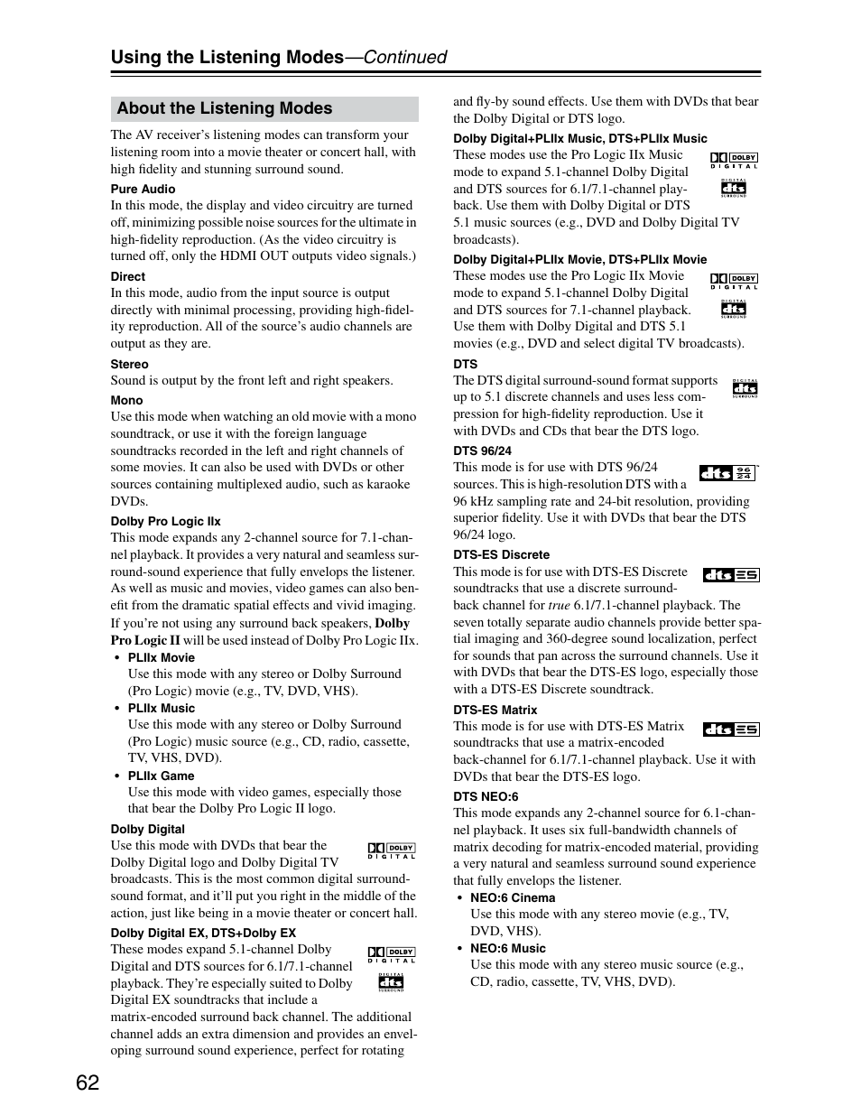 About the listening modes, Using the listening modes —continued | Onkyo TX-SR703/703E User Manual | Page 62 / 116