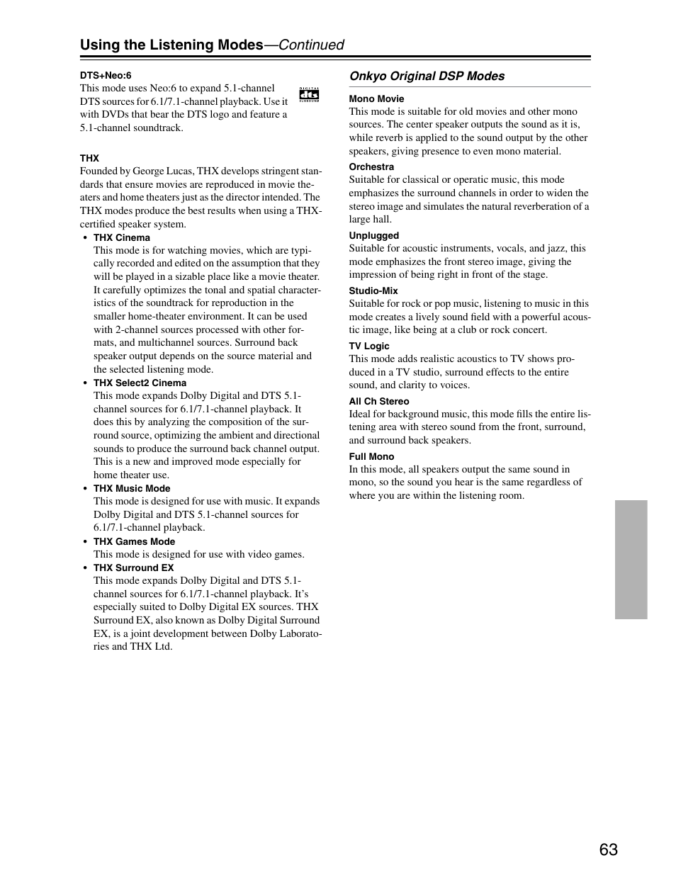 Using the listening modes —continued | Onkyo TX-SR703/703E User Manual | Page 63 / 116