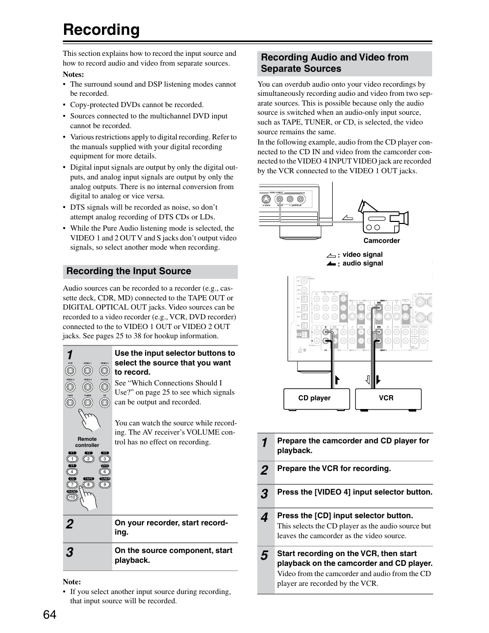 Recording, Recording the input source, Recording audio and video from separate sources | Onkyo TX-SR703/703E User Manual | Page 64 / 116