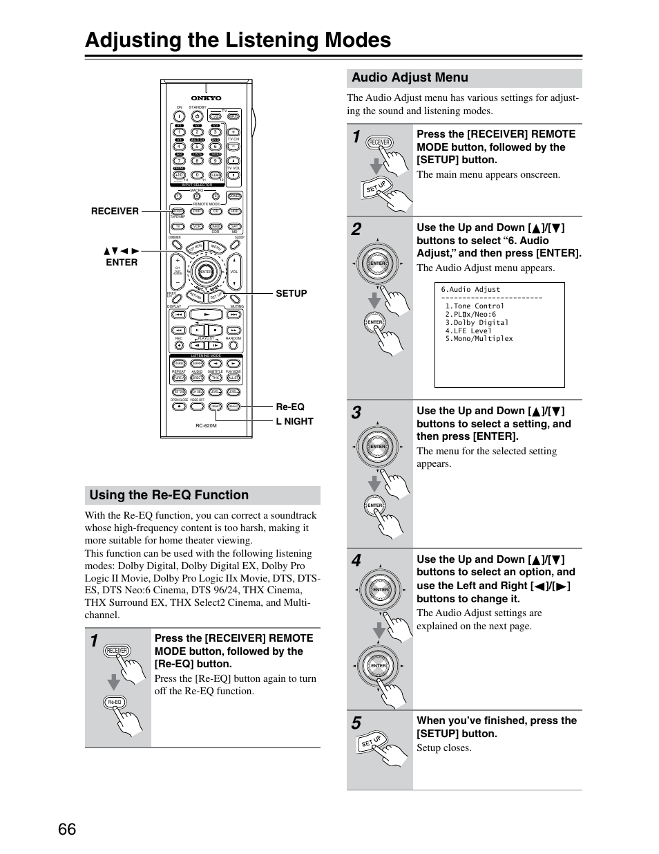 Adjusting the listening modes, Using the re-eq function, Audio adjust menu | Setup receiver l night re-eq enter | Onkyo TX-SR703/703E User Manual | Page 66 / 116