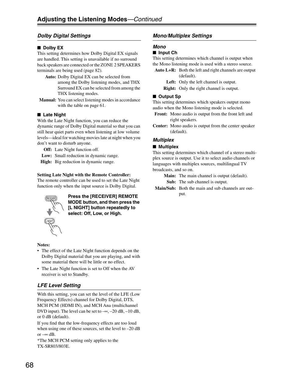 Adjusting the listening modes —continued | Onkyo TX-SR703/703E User Manual | Page 68 / 116