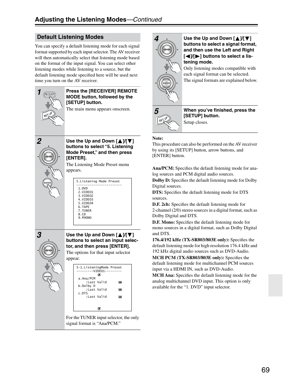 Adjusting the listening modes —continued | Onkyo TX-SR703/703E User Manual | Page 69 / 116