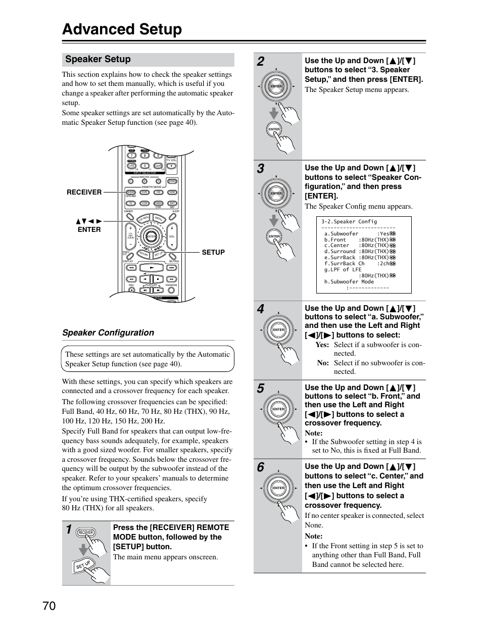 Advanced setup, Speaker setup, Speaker conﬁguration | Setup receiver enter | Onkyo TX-SR703/703E User Manual | Page 70 / 116