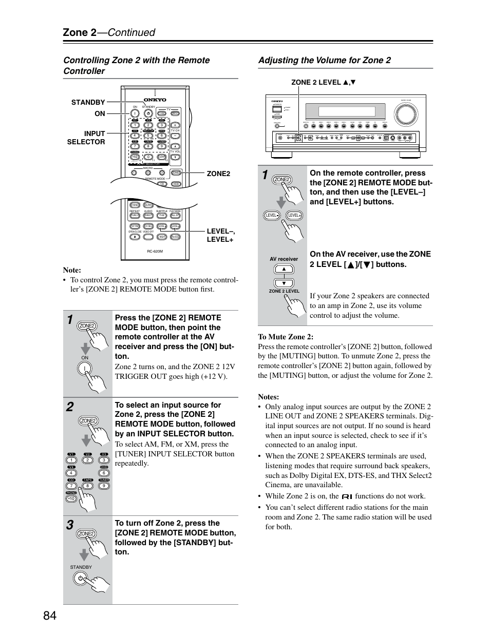 Zone 2 —continued, Controlling zone 2 with the remote controller, Adjusting the volume for zone 2 | Zone2 on standby level–, level+ input selector, Zone 2 level | Onkyo TX-SR703/703E User Manual | Page 84 / 116