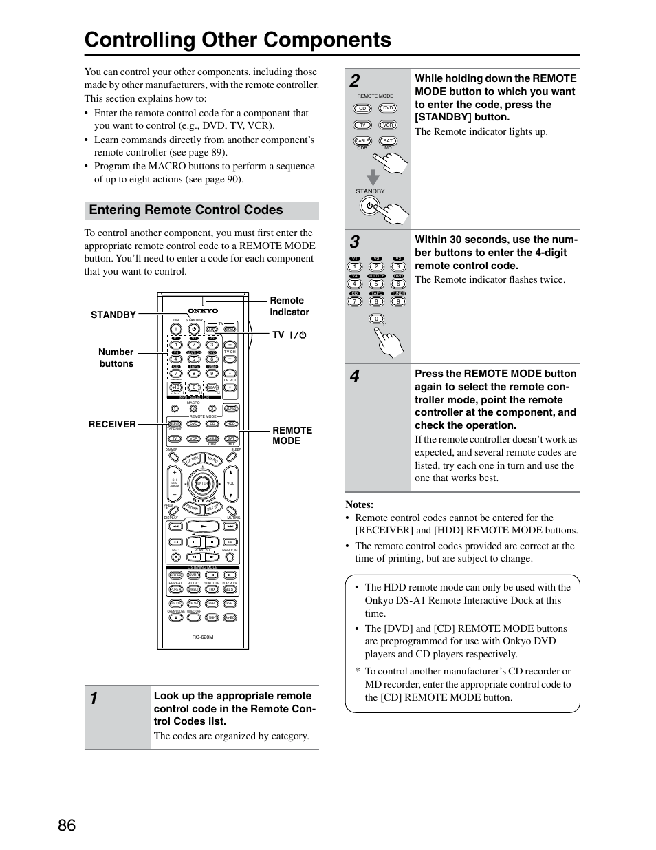Controlling other components, Entering remote control codes | Onkyo TX-SR703/703E User Manual | Page 86 / 116