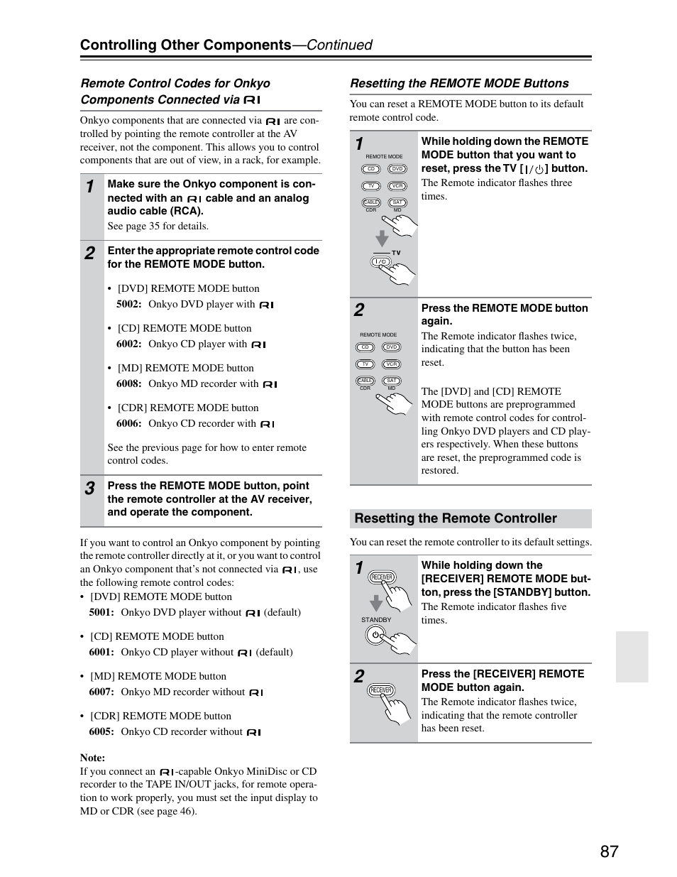 Resetting the remote controller, Controlling other components —continued | Onkyo TX-SR703/703E User Manual | Page 87 / 116