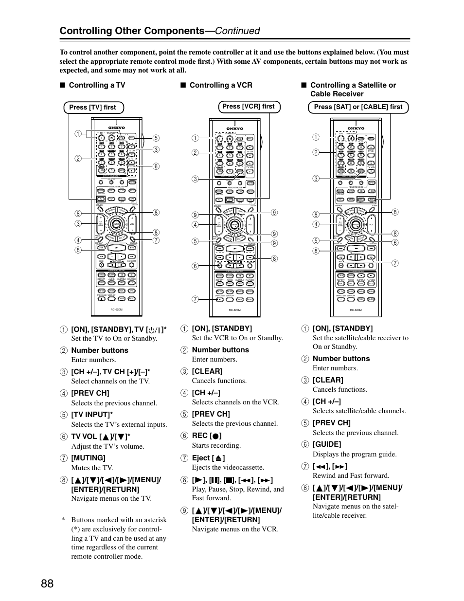 Controlling other components —continued, Number buttons enter numbers, Ch +/–], tv ch [+]/[–]* select channels on the tv | Prev ch] selects the previous channel, Tv input]* selects the tv’s external inputs, Tv vol [ ]/[ ]* adjust the tv’s volume, Muting] mutes the tv, On], [standby] set the vcr to on or standby, Clear] cancels functions, Ch +/–] selects channels on the vcr | Onkyo TX-SR703/703E User Manual | Page 88 / 116