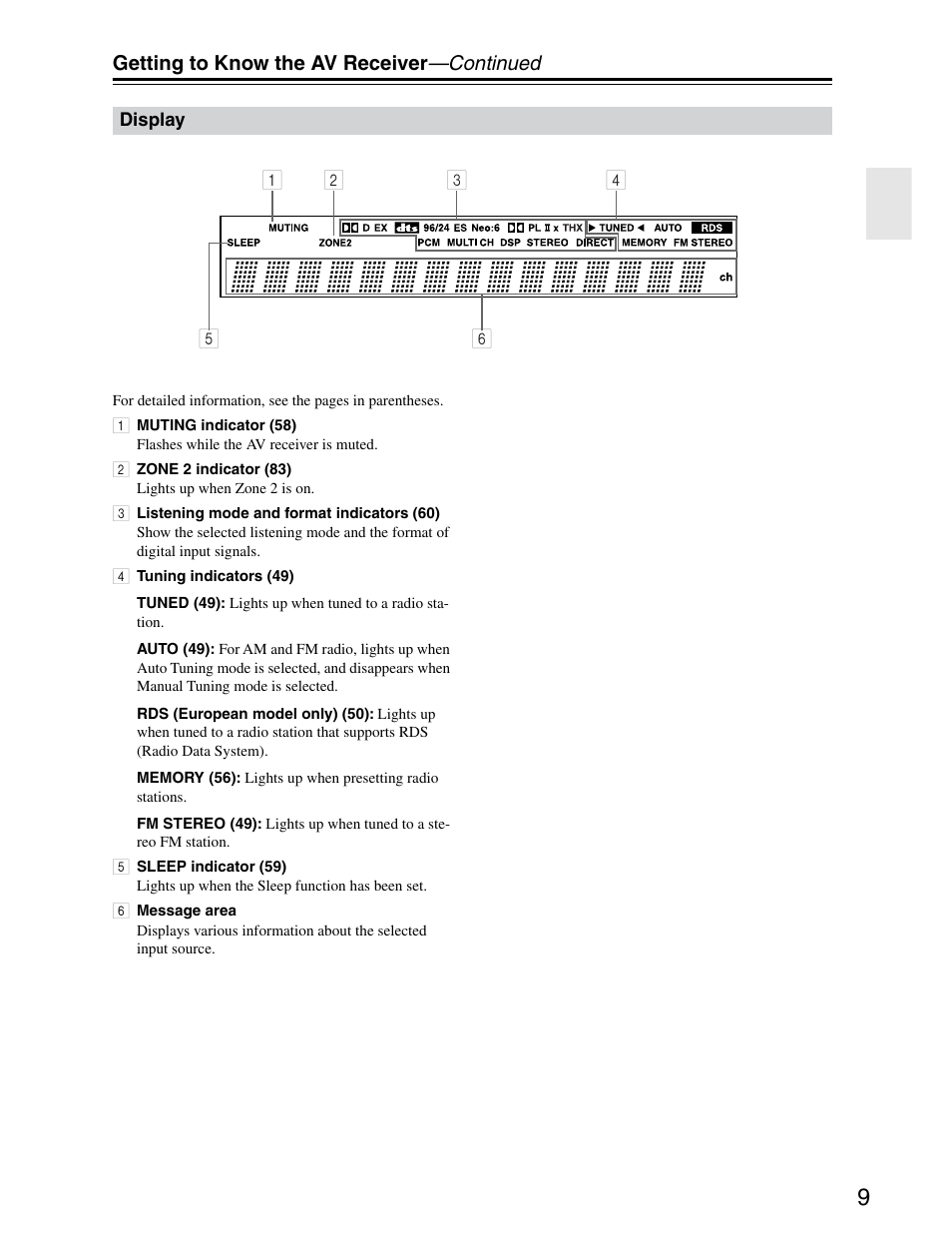 Front panel display | Onkyo TX-SR703/703E User Manual | Page 9 / 116