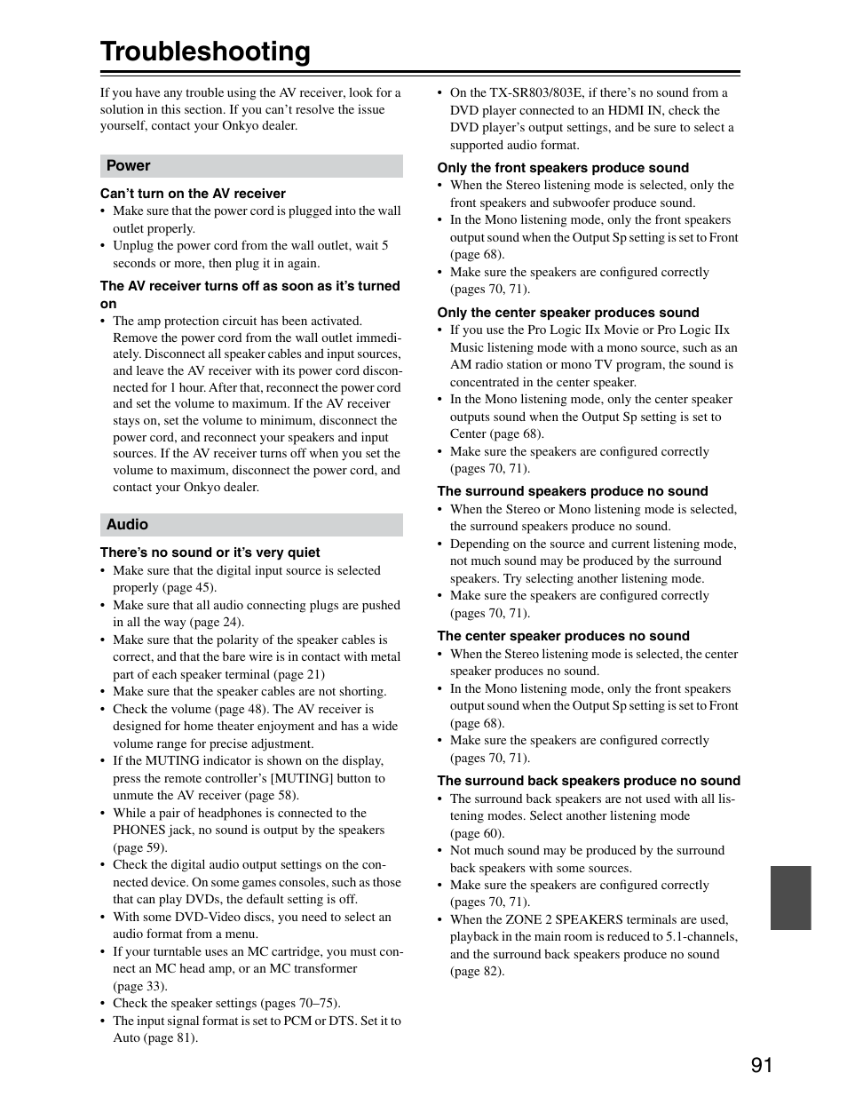 Troubleshooting | Onkyo TX-SR703/703E User Manual | Page 91 / 116
