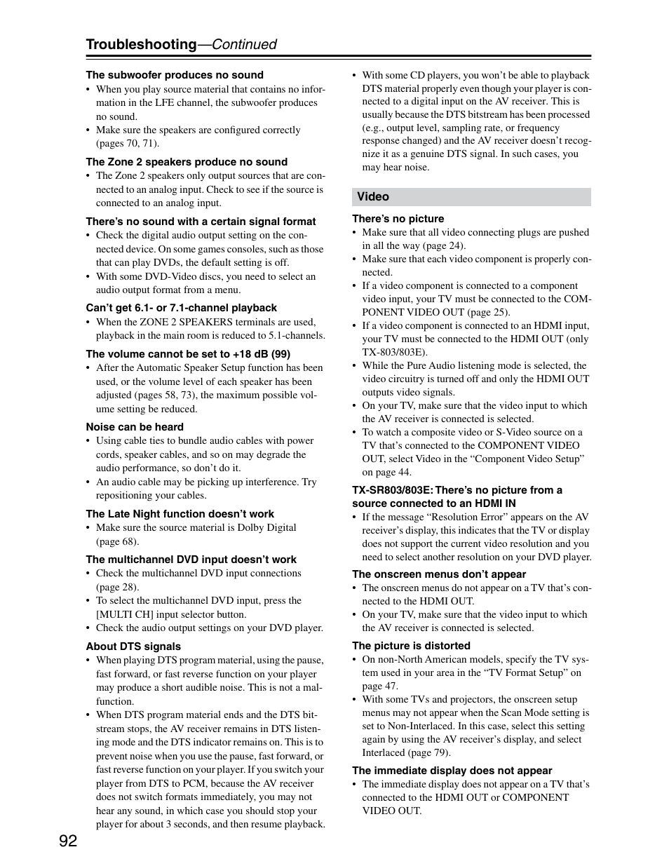 Troubleshooting —continued | Onkyo TX-SR703/703E User Manual | Page 92 / 116
