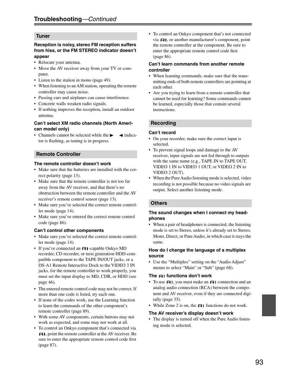 Troubleshooting —continued | Onkyo TX-SR703/703E User Manual | Page 93 / 116