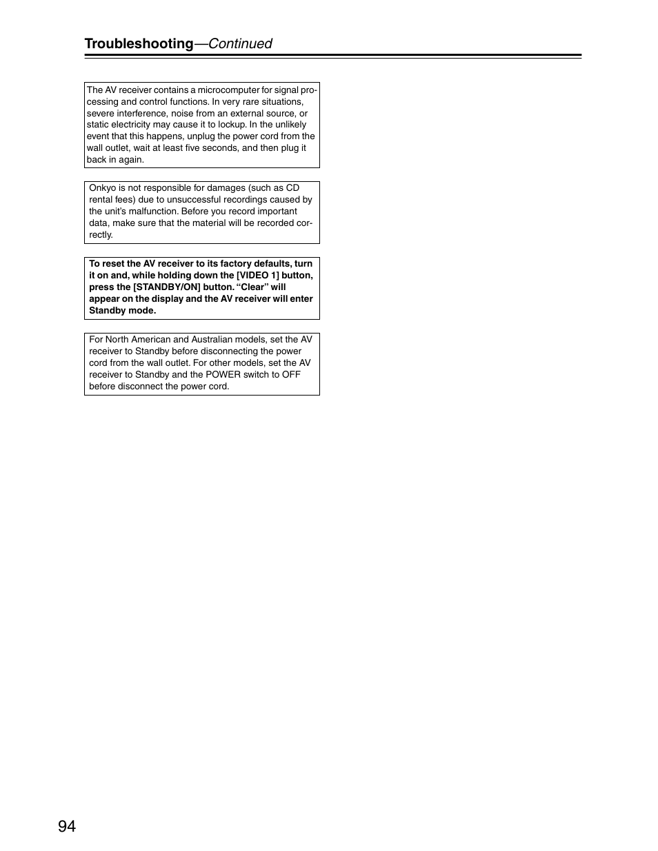 Reset, Troubleshooting —continued | Onkyo TX-SR703/703E User Manual | Page 94 / 116
