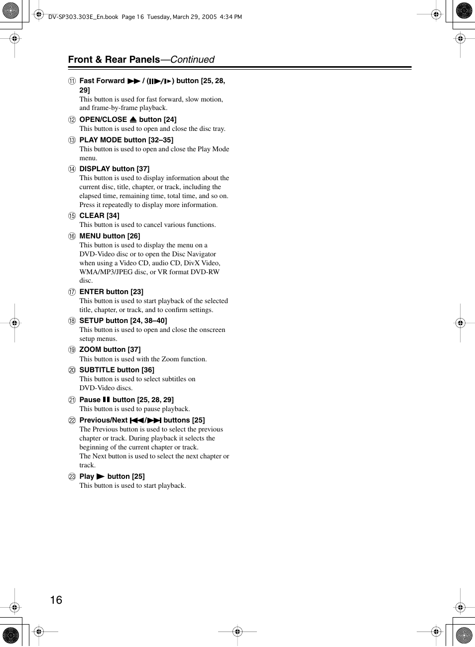 Front & rear panels —continued | Onkyo DV-SP303 User Manual | Page 16 / 56