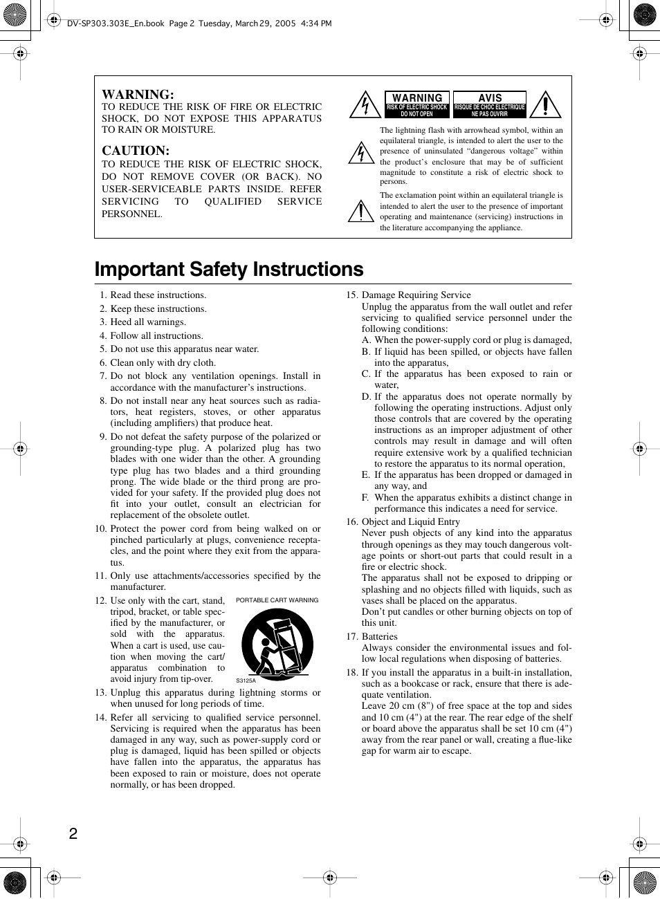 Important safety instructions, Warning, Caution | Onkyo DV-SP303 User Manual | Page 2 / 56