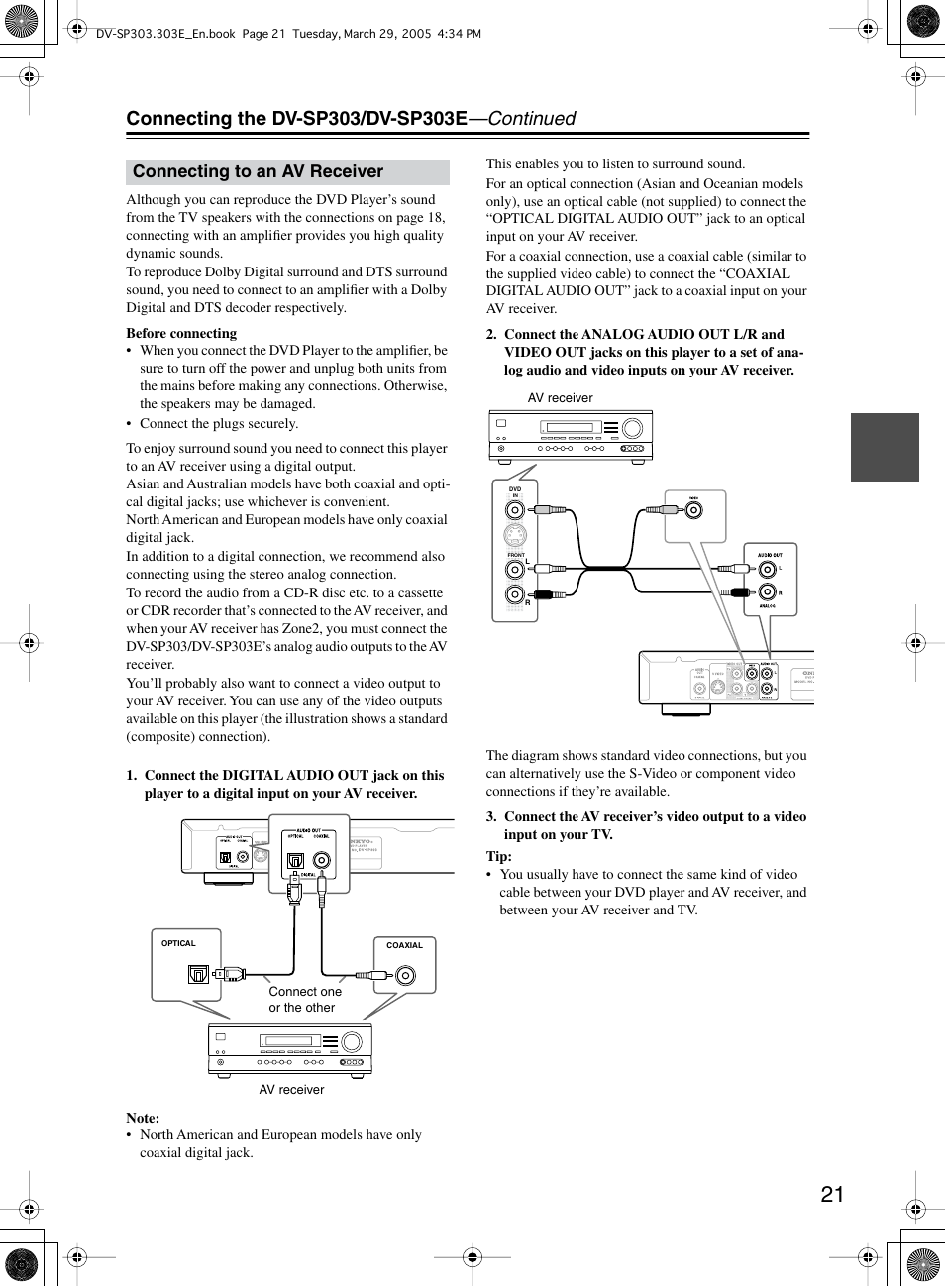 Connecting to an av receiver | Onkyo DV-SP303 User Manual | Page 21 / 56