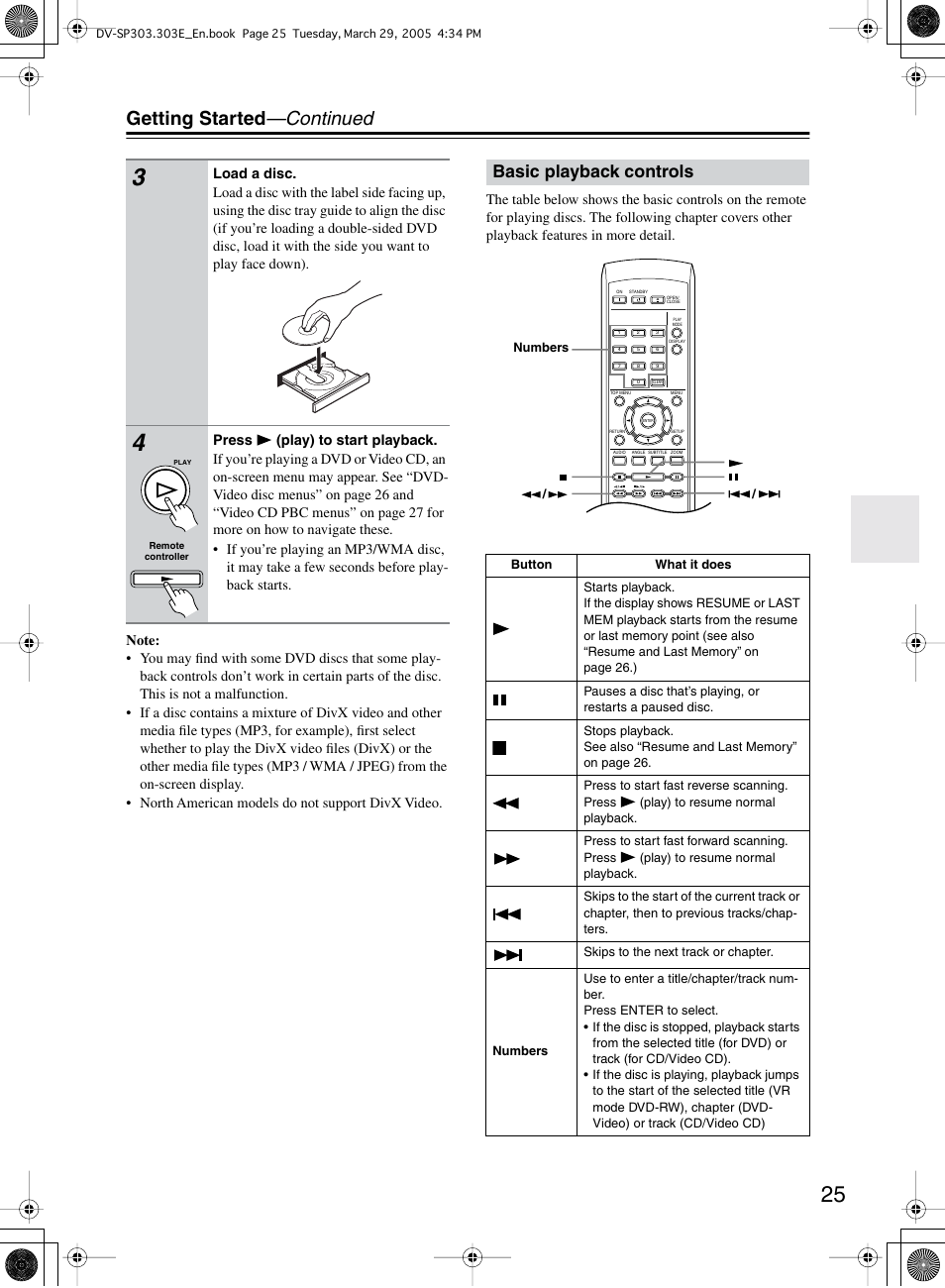 Getting started —continued, Basic playback controls | Onkyo DV-SP303 User Manual | Page 25 / 56