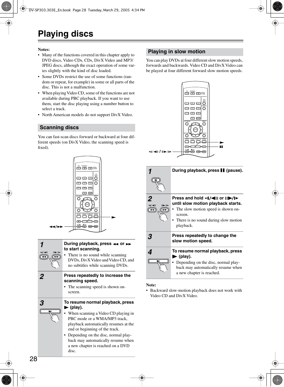 Playing discs, Scanning discs, Playing in slow motion | Onkyo DV-SP303 User Manual | Page 28 / 56