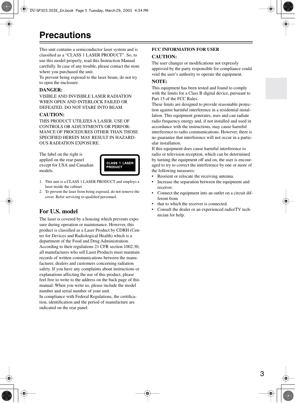 Precautions, For u.s. model | Onkyo DV-SP303 User Manual | Page 3 / 56