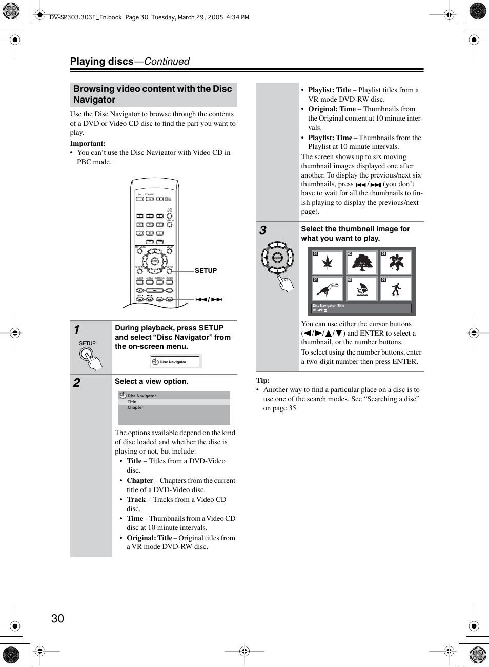 Playing discs —continued, Browsing video content with the disc navigator | Onkyo DV-SP303 User Manual | Page 30 / 56