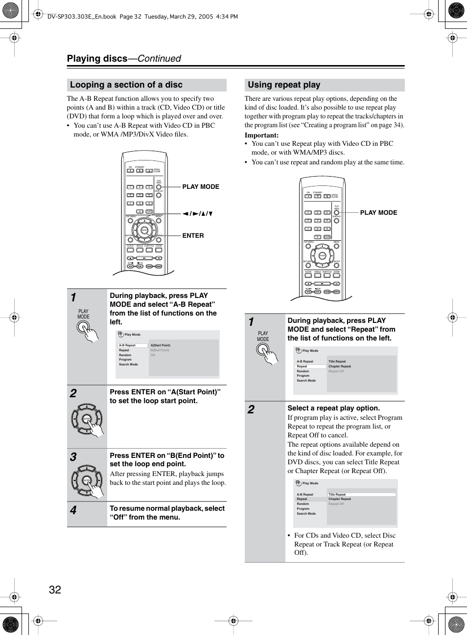 Playing discs —continued, Using repeat play | Onkyo DV-SP303 User Manual | Page 32 / 56