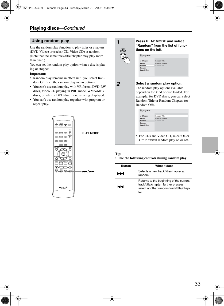 Playing discs —continued, Using random play | Onkyo DV-SP303 User Manual | Page 33 / 56