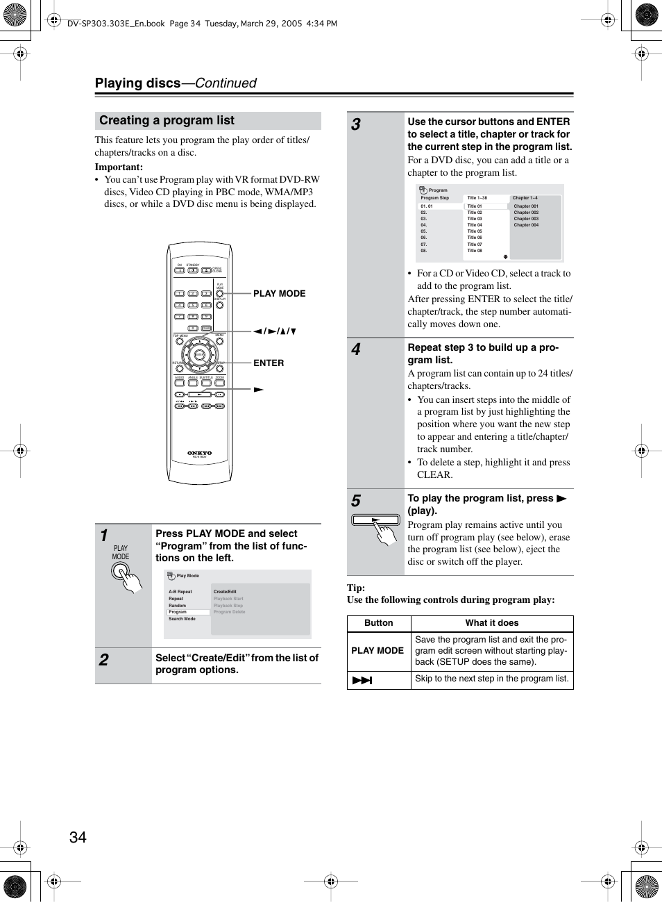 Playing discs —continued, Creating a program list | Onkyo DV-SP303 User Manual | Page 34 / 56