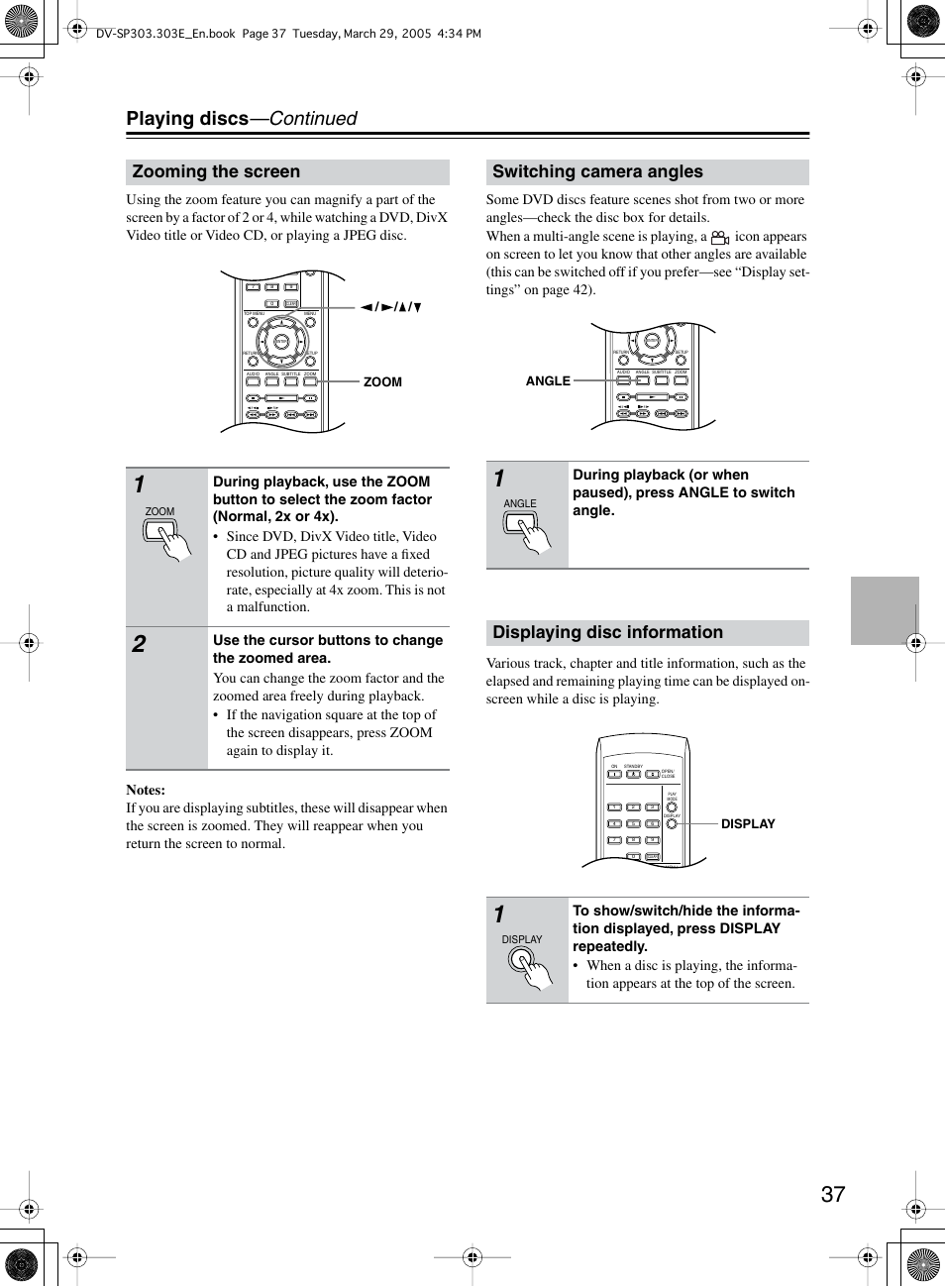 Playing discs —continued, Zooming the screen, Switching camera angles | Displaying disc information | Onkyo DV-SP303 User Manual | Page 37 / 56