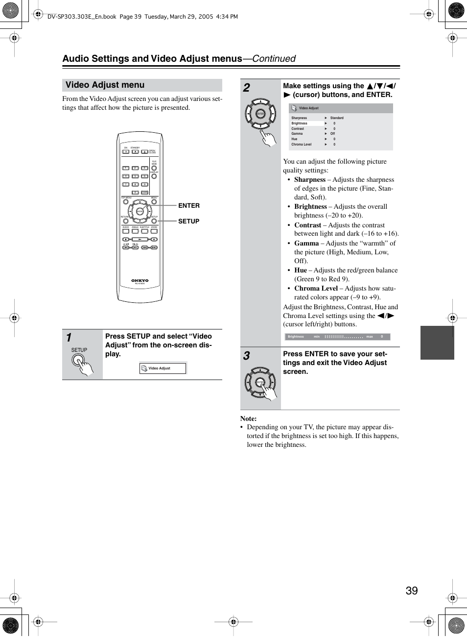 Audio settings and video adjust menus —continued, Video adjust menu | Onkyo DV-SP303 User Manual | Page 39 / 56