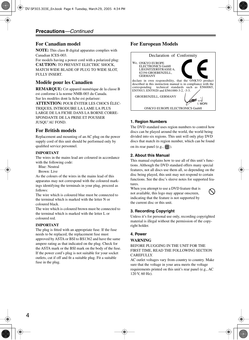 Precautions —continued for canadian model, Modèle pour les canadien, For british models | For european models | Onkyo DV-SP303 User Manual | Page 4 / 56