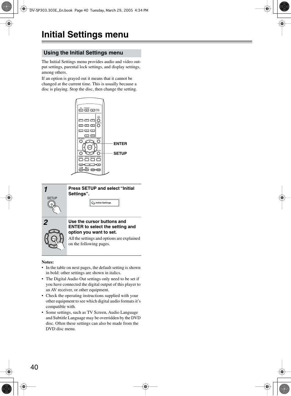 Initial settings menu, Using the initial settings menu | Onkyo DV-SP303 User Manual | Page 40 / 56