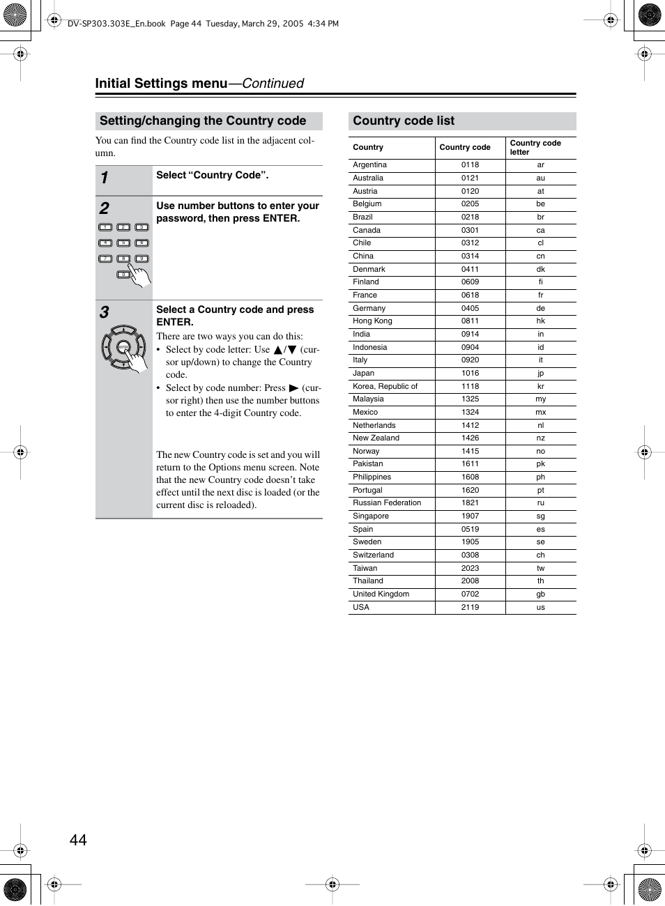 Initial settings menu —continued, Setting/changing the country code, Country code list | Onkyo DV-SP303 User Manual | Page 44 / 56