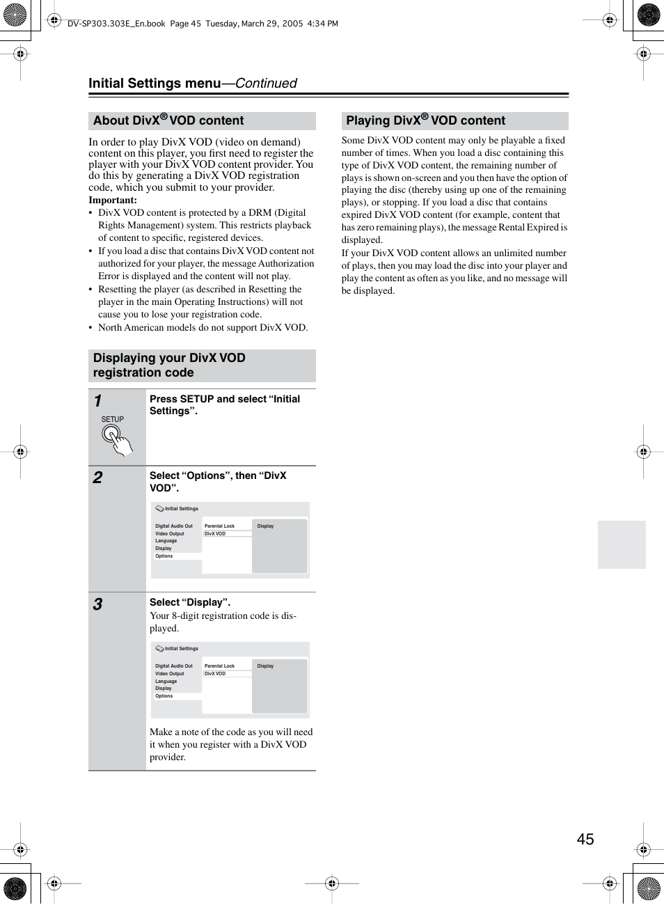 Initial settings menu —continued | Onkyo DV-SP303 User Manual | Page 45 / 56