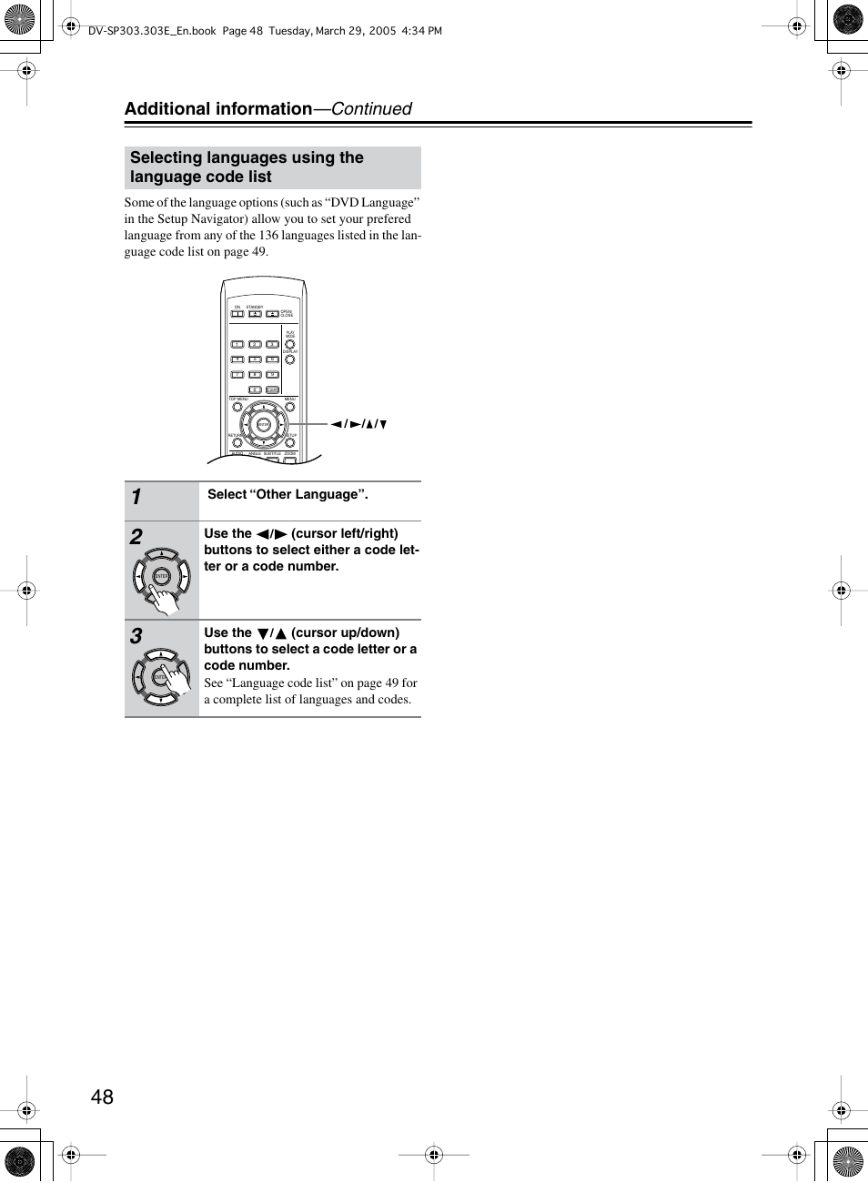 Additional information —continued, Selecting languages using the language code list | Onkyo DV-SP303 User Manual | Page 48 / 56