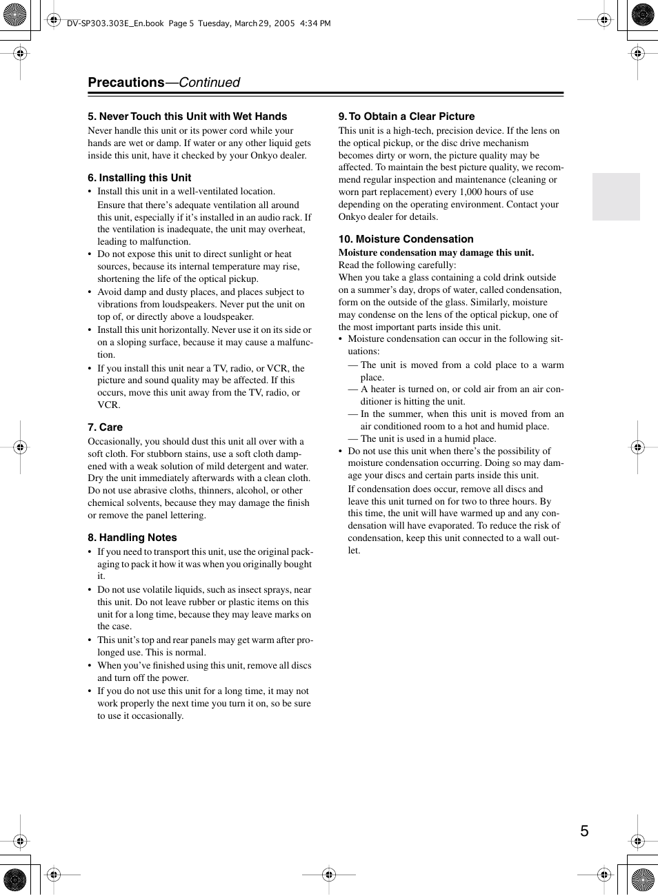 Precautions —continued | Onkyo DV-SP303 User Manual | Page 5 / 56