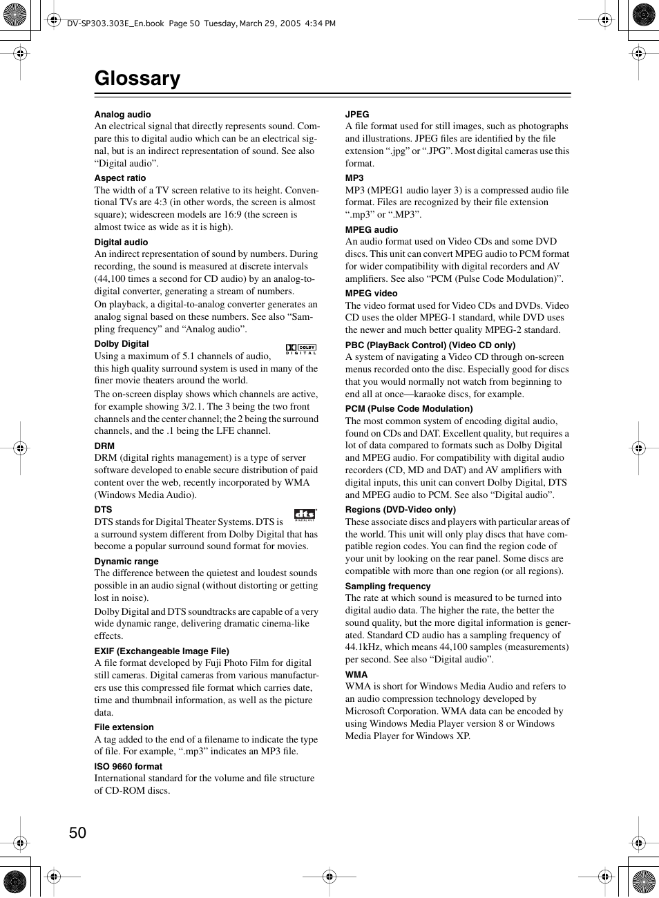 Glossary | Onkyo DV-SP303 User Manual | Page 50 / 56