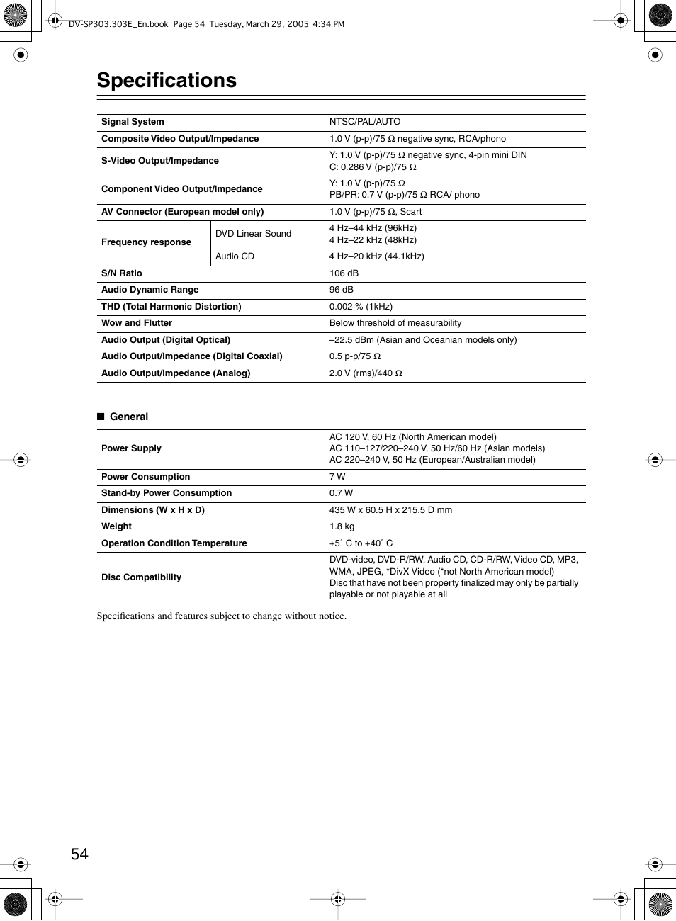 Specifications | Onkyo DV-SP303 User Manual | Page 54 / 56