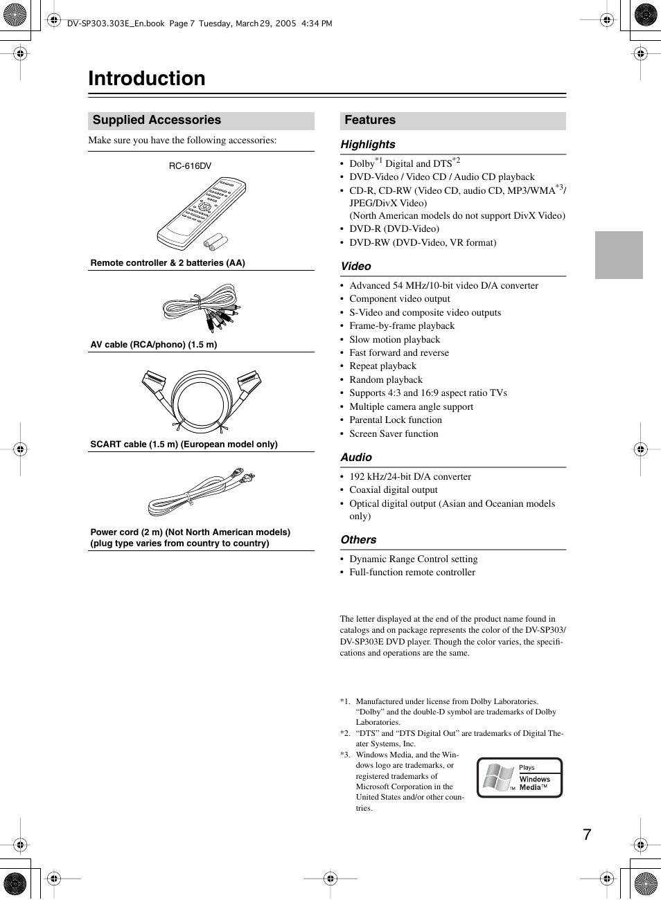 Introduction | Onkyo DV-SP303 User Manual | Page 7 / 56