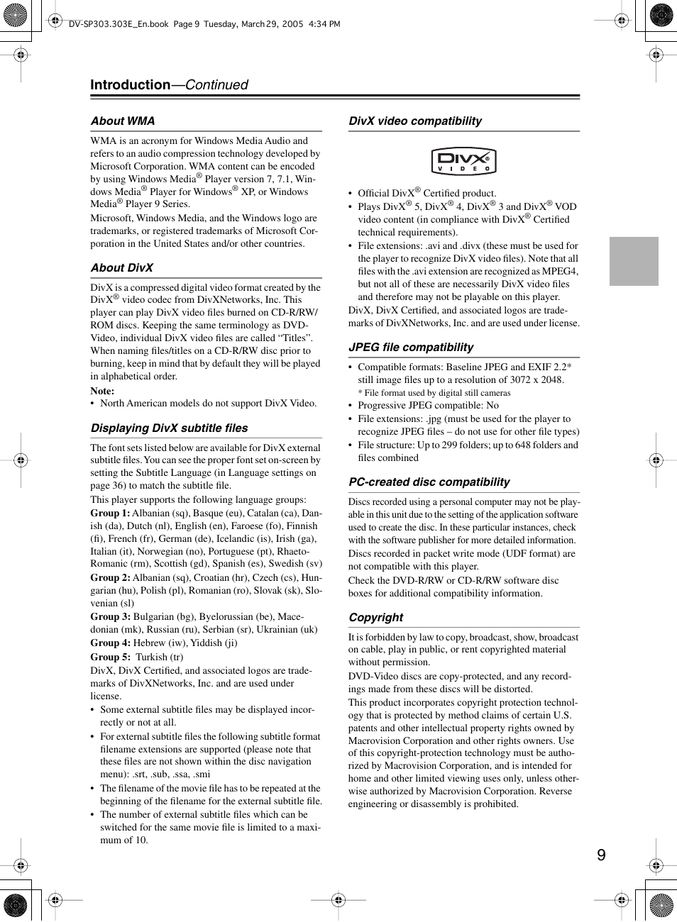 Introduction —continued | Onkyo DV-SP303 User Manual | Page 9 / 56