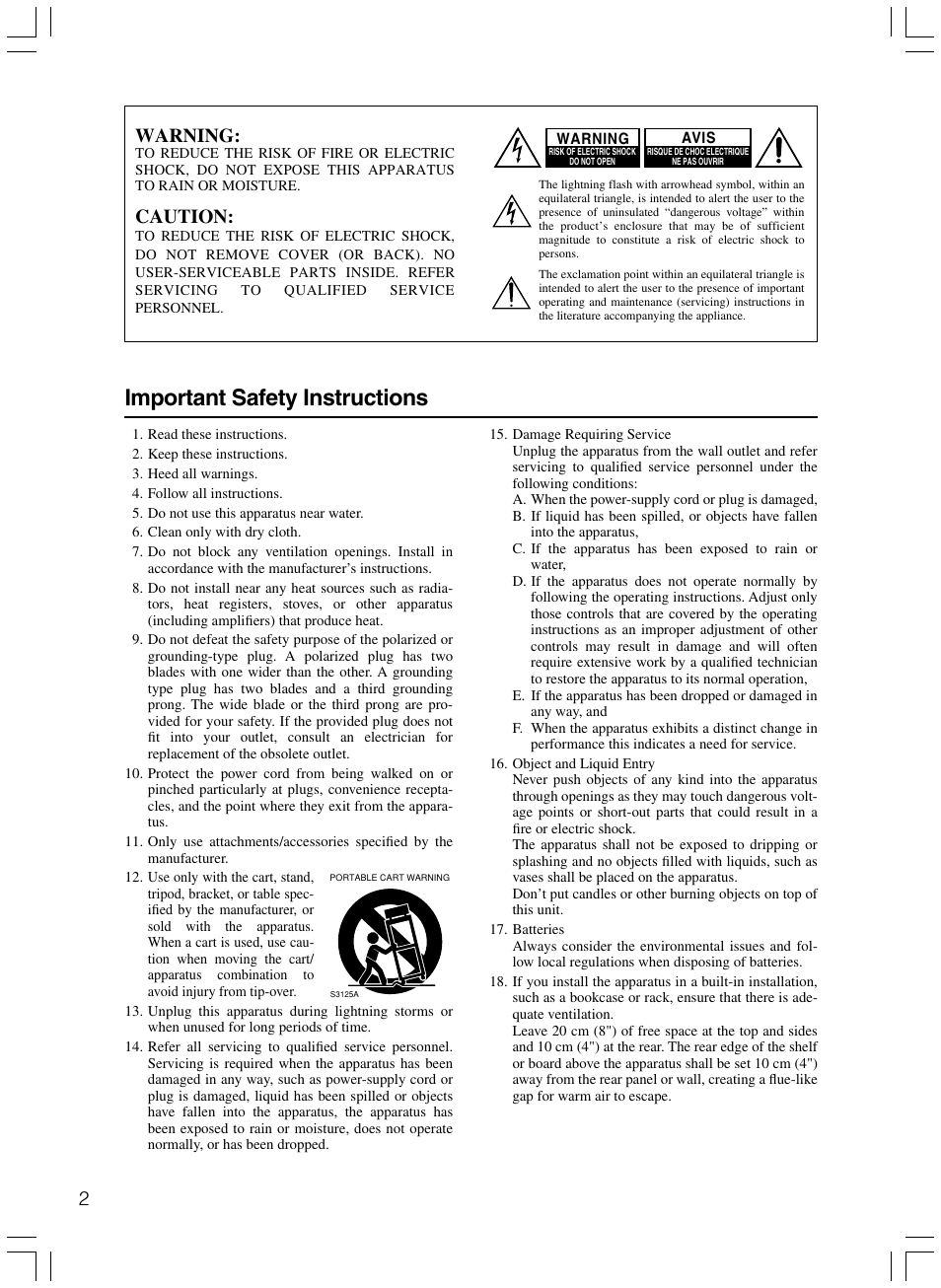 Important safety instructions, Warning, Caution | Onkyo HTP-103E User Manual | Page 2 / 8