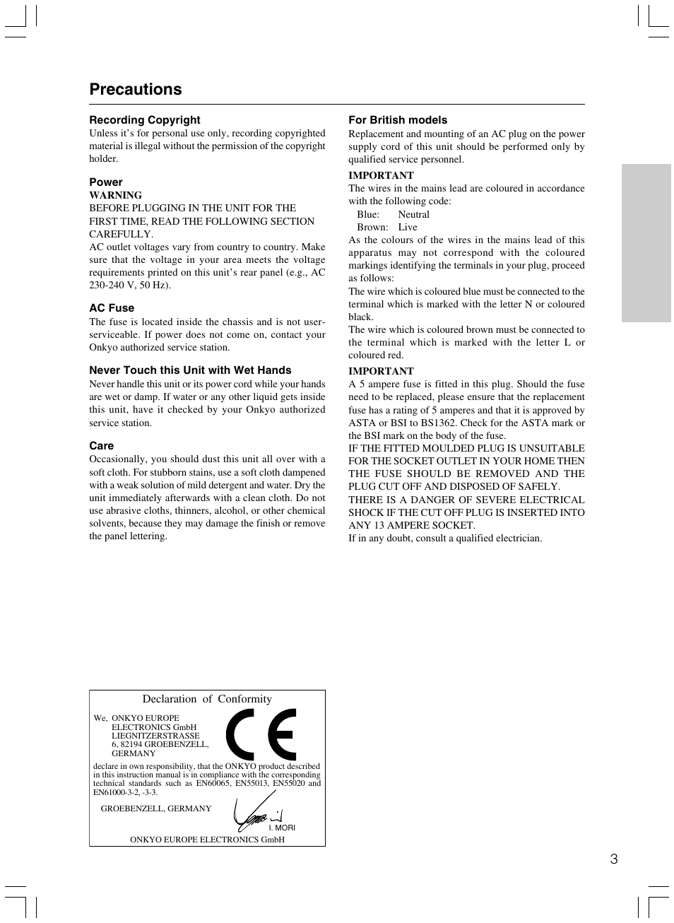 Precautions | Onkyo HTP-103E User Manual | Page 3 / 8