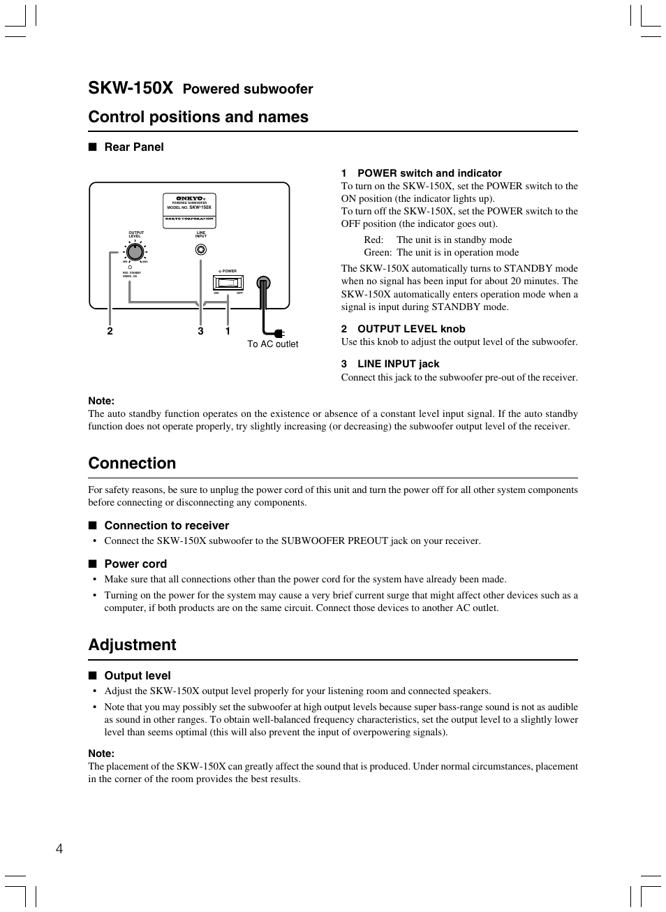 Skw-150x, Control positions and names, Connection | Adjustment, Powered subwoofer | Onkyo HTP-103E User Manual | Page 4 / 8